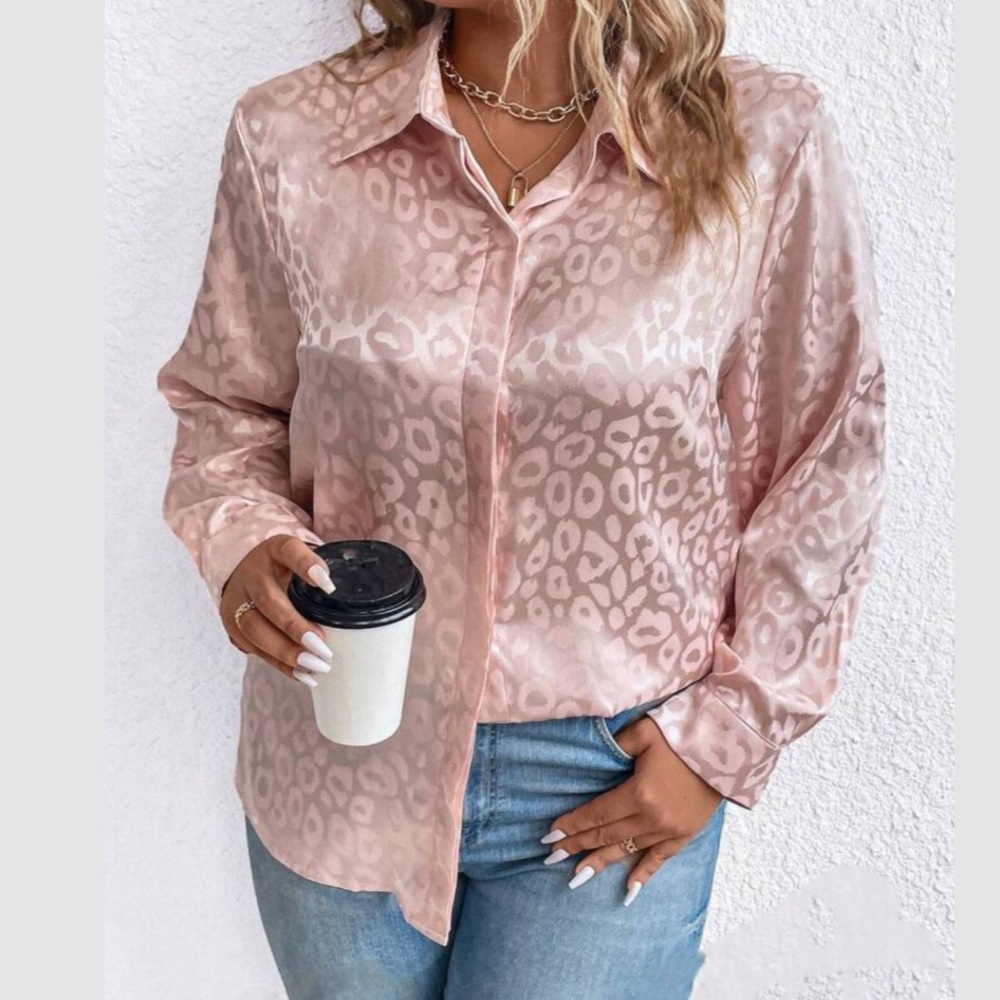 Satin Leopard-Print Button-Up Blouse in Blush Pink
